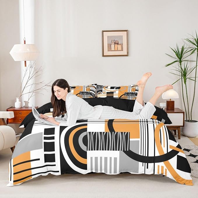 Erosebridal Art Deco Mid Century Duvet Cover Set Retro Modern Abstract Geometric King Bedding Set for Adult Men Black and White Yellow Circles Stripes Comforter Cover Contemporary Bed Sets
