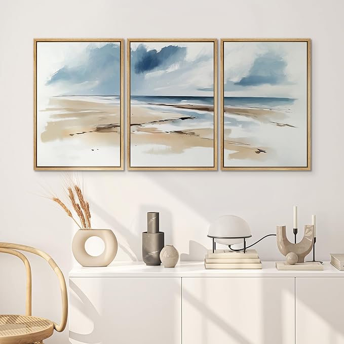 SIGNWIN Framed Canvas Print Wall Art Set Coastal Beach Horizon Blue and Tan Seascape Illustrations Modern Art Decorative Boho Relax/Zen Nordic for Living Room, Bedroom, Office - 16"x24"x3 Natural