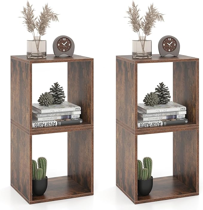 Giantex 4 Cube Bookshelf Organizer, 2-Tier Stackable Cube Storage Organizer, Small Wooden Open Book Shelf with Anti-toppling Device, Wood Floor Standing Display Shelving Bookcase, Rustic Brown