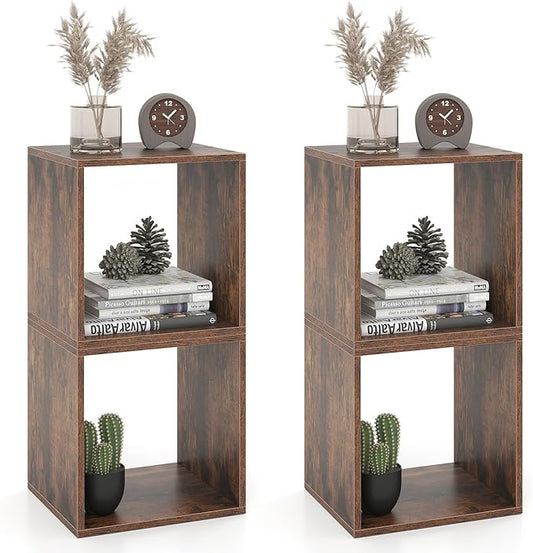 Giantex 4 Cube Bookshelf Organizer, 2-Tier Stackable Cube Storage Organizer, Small Wooden Open Book Shelf with Anti-toppling Device, Wood Floor Standing Display Shelving Bookcase, Rustic Brown
