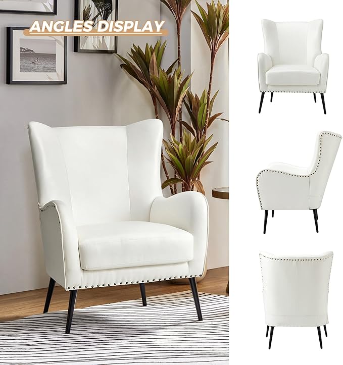 HULALA HOME Faux Leather Accent Chair Set of 2 with Removable Cushion, Comfy Upholstered Armchair with Metal Legs & Nailhead Trim Wingback Vanity Chair for Reading Living Room Bedroom, Ivory