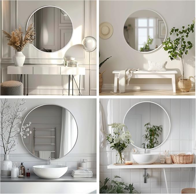 Sunniry White Round Mirror 16 inch, White Circle Mirrors with Matte Metal Frame, Circle Mirrors for Bathroom, Bedroom, Living Room, Hallway.