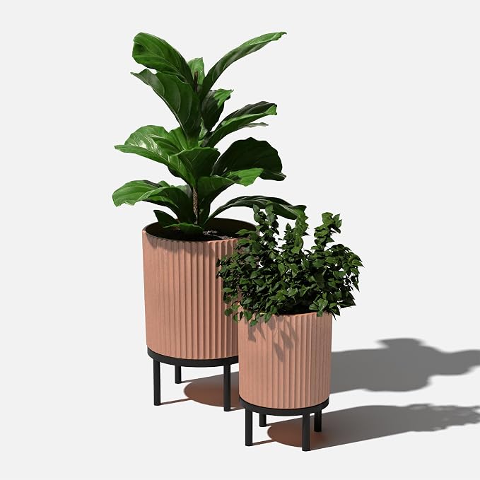 Veradek Demi Series Round Planter w/Stand for Porch/Patio | Durable Plastic-Stone Composite & Wooden Stand | Modern Décor for Tall Plants, Flowers