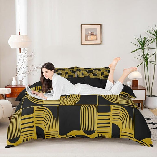 Boho Ethnic Queen Comforter Cover For Teens Geometric Stripes Duvet Cover Black Yellow Bohemian Striped Bedding Set For Kids Boys Adult Women Modern Simple Aesthetics Bed Sets With 2 Pillow Cases
