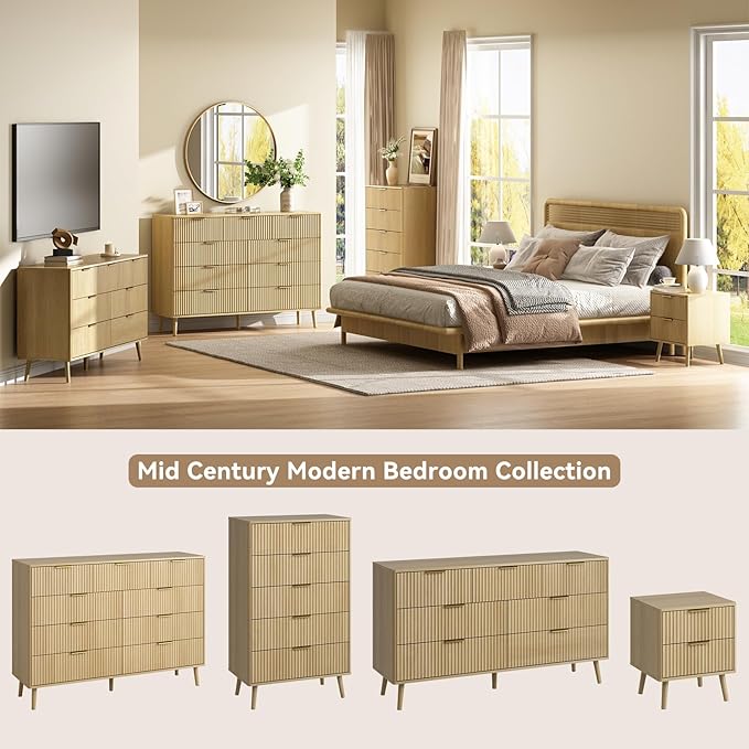 CARPETNAL Fluted 5 Drawers Dresser for Bedroom, 45" Tall Wooden Chest of Drawers with Rounded Corners, Gold Handles, Modern Storage Organizer for Bedroom, Hallway (Oak)
