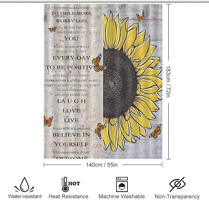 Inspirational Quotes Sunflowers Butterfly Shower Curtain,Vintage Old Newspaper Board Background Sunflower Animals Waterproof Shower Curtains for Bathroom Decor 12 Pack Hooks 55x72in（140x183cm）