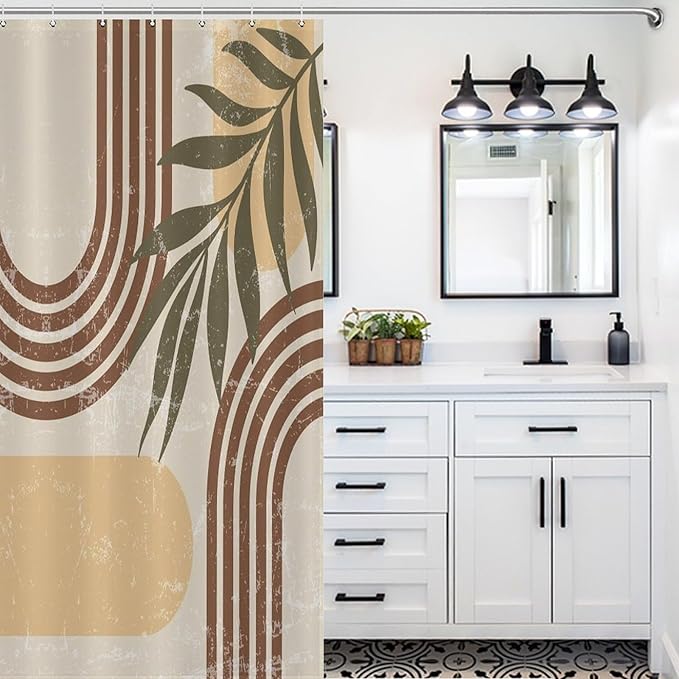 Mid Century Boho Arch Shower Curtains Abstract Geometric Modern Aesthetic Rainbow Leaves Sun Washable Waterproof Fabric for Bathroom Decor Bathtub with 12 Hooks 55x72in（140x183cm）