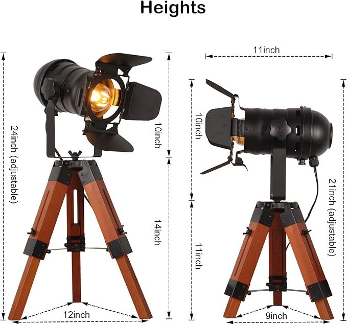 Decoluce Industrial Tripod Floor Table Lamp Vintage Wood Cinema Searchlight Standing Lighting Fixtures Nautical Spotlight Decorations-Not Include E26 Bulbs (Cinema)