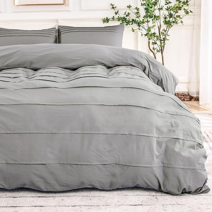 NEXHOME PRO 100% Organic Cotton Duvet Cover Queen Size, Linen Pleated Textured Duvet Cover Set Light Grey, 3pc Bedding Set with Zipper Closure, Soft, Lightweight and Breathable 90"x90", No Comforter