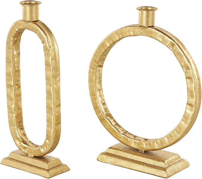 Deco 79 Metal Decorative Candle Holder Tapered Candle Stand with Rectangle Base, Set of 2 Candlestick Holder 10",9" H, Gold