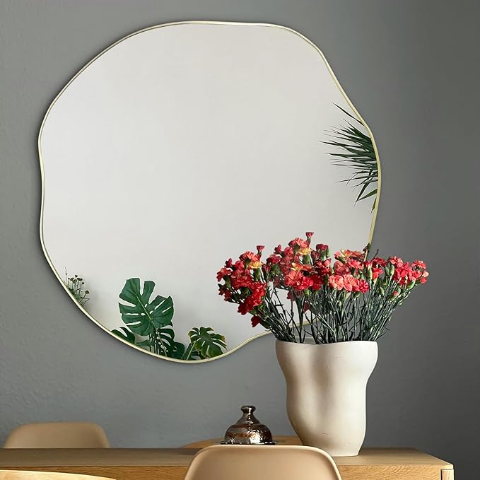 POZINO Irregular Wall Mirror, 35" Large Asymmetrical Mirrors, Gold Scalloped Rounded Mirror, Modern Frameless Abstract Circle Mirrors for Living Room Bedroom Bathroom Entryway Hallway Fireplace