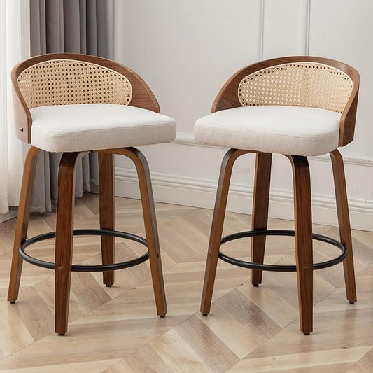 26" Swivel Rattan Bar Stools Set of 2,Mid-Century Modern Beige Linen Fabric Upholstered Counter Height Stools,Kitchen Island Barstools with Rattan Low Backrest,Walnut Wood Finish Bar Chair