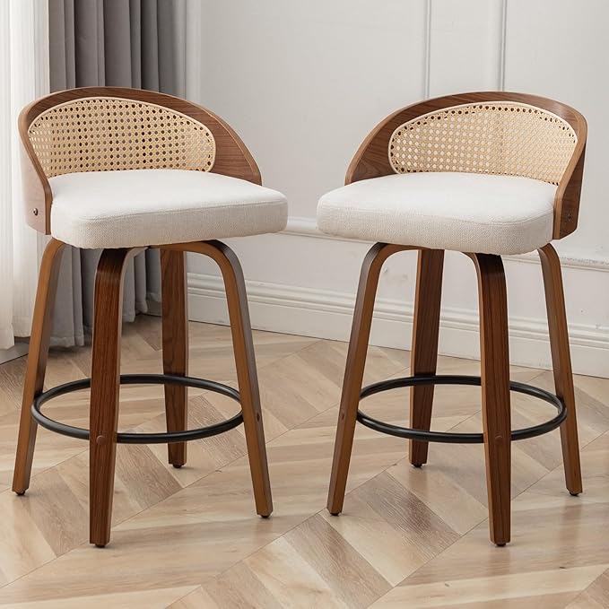 26" Swivel Rattan Bar Stools Set of 3 Mid-Century Modern Beige Linen Fabric Upholstered Counter Height Stools,Kitchen Island Barstools with Rattan Low Backrest,Walnut Wood Finish Bar Chair