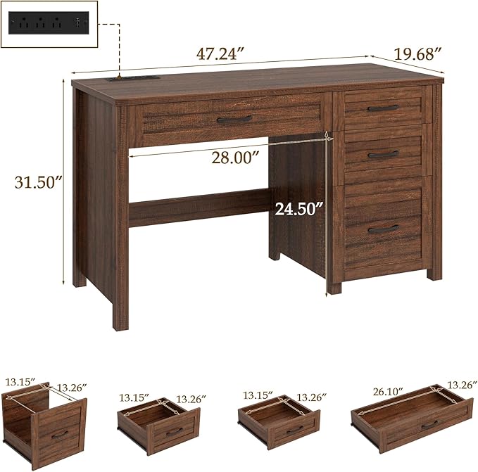 Vabches Farmhouse 47" Executive Desk, Computer Desk with File Drawer and Charging Station, Workstation for Home Office, Study.Red-Brown