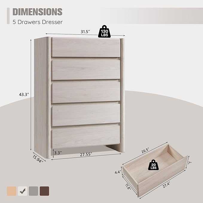 Modern 5 Drawers Dresser for Bedroom, 43" Tall Dresser & Chests of Drawers w/Rounded Corner, Wood Handleless Dresser w/Large Storage & Natural Texture for Bedroom, Living Room-Cream