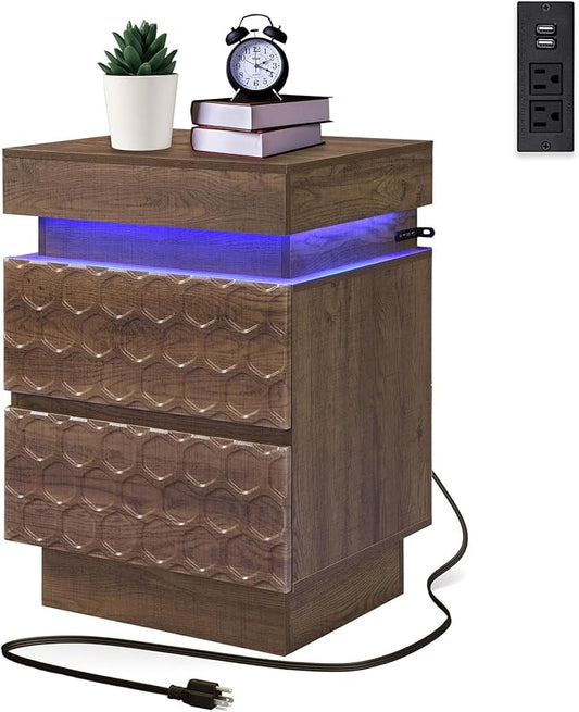 Led Nightstand with Charging Station, Hexagonal Fluted Night Stand with Sliding Top, Wooden Bedside Table with 3 Drawers, Modern Bed Side End Table for Bedroom, Living Room, Walnut Brown