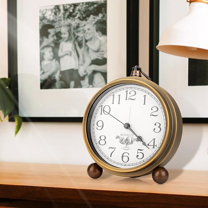 Maxspace Metal Golden Table Clock, Retro Vintage Non-Ticking Small Alarm Clock,Battery Operated Silent Quartz Movement HD Glass Desk Clock for Bedroom Living Room Indoor Decoration Kids… (Arabic2)