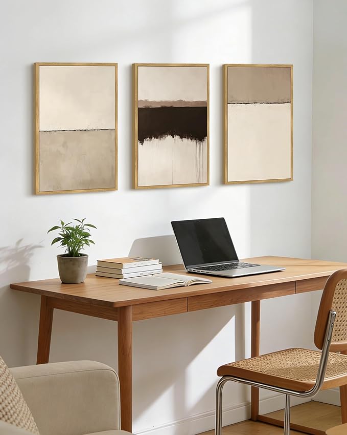 KUVIOKE Abstract Framed Wall Art Minimalist Beige Gray Pastel Watercolor Wall Decor Modern Illustration Neutral Art Painting Home Decor 16x24in (Natural Framed)