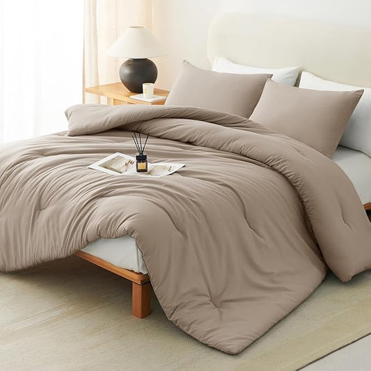 CozyLux Queen Comforter Set Khaki, 3 Pieces Lightweight Comforters Queen Size Quilted Bedding Sets, All Season Breathable Solid Down Alternative Comforter with 2 Pillowcases, Bed Set Gift for Home