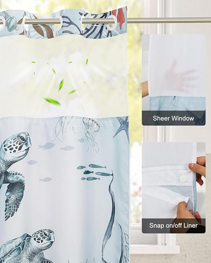 No Hook Shower Curtain with Snap in Liner Set, Coastal Sea Turtle Marine Life Print Shower Curtains for Beach House & Nautical Kids Bathroom, Mesh Top Waterproof Bath Curtain, 71x74 Inch