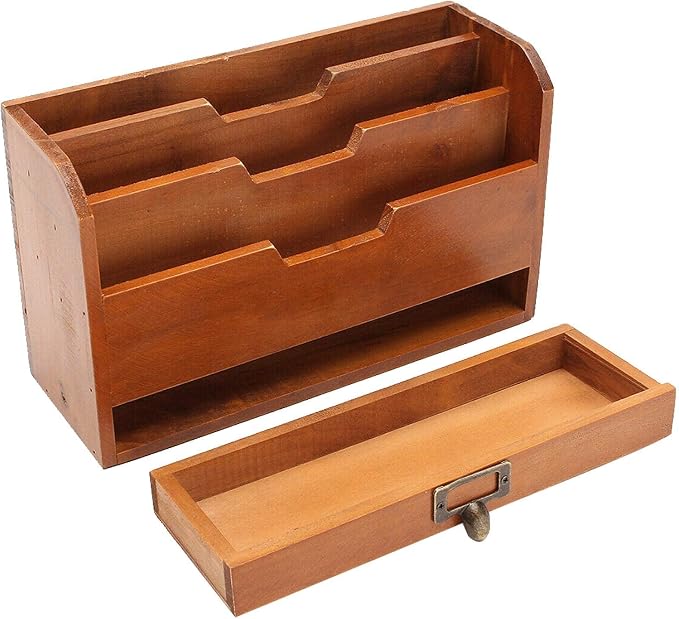 Vintage Vintage Wooden Storage Holder Creatively Designed Desktop Organizer Holder with 3 Pockets, Document Letter and Remote Control, Storage Box for Stationery