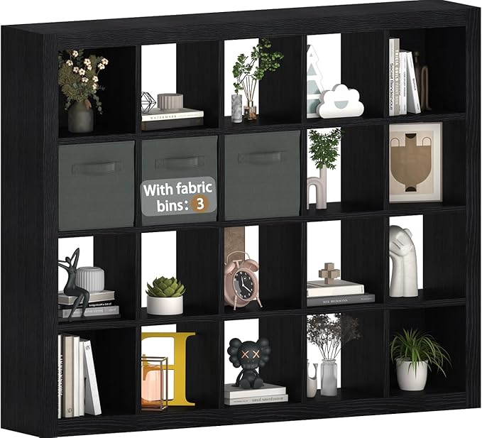 Bookshelf with Storage Bins, 20-Cube Storage Organizer Sturdy Wooden Bookcase Open Book Shelf, Multifunctional Cubicle Rack for Storage & Display, Furniture for Living Room, Office, Black