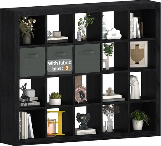 Bookshelf with Storage Bins, 20-Cube Storage Organizer Sturdy Wooden Bookcase Open Book Shelf, Multifunctional Cubicle Rack for Storage & Display, Furniture for Living Room, Office, Black