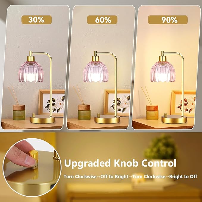 Pink Table Lamp Set of 2,Small Gold Bedside Lamps Dimmable Boho Bedroom Lamp with Tulip Flower Glass Lamp Shade,Vintage Mid Century Modern Mini Nightstand Lamp for Kids Bedroom Living Room