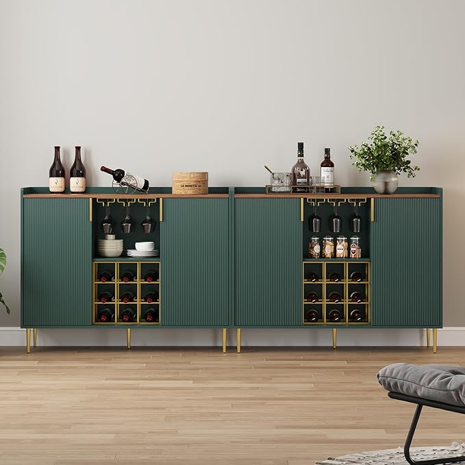 ARTPOWER 48" Wine Bar Cabinet with Fluted Texture, Modern Buffet Sideboard with Wine Rack and Glass Holder, Liquor Coffee Station with Storage for Kitchen, Living Room, Home Bar, Green