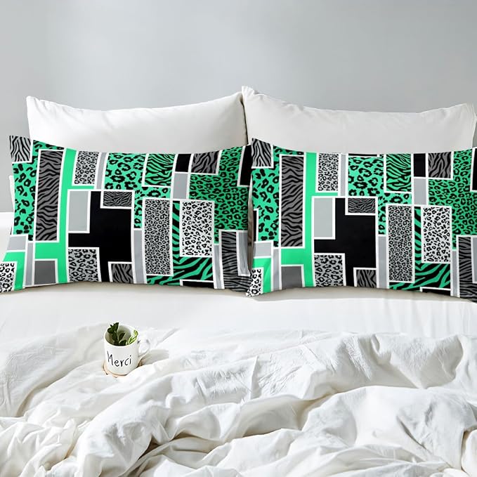 Erosebridal Leopard Print Comforter Cover King Zebra Skin Texture Bedding Set Wild Animal Cheetah Print Duvet Cover for Kids Teen Adults,Green Black Grey Geometric Bed Set