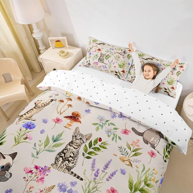 Erosebridal Cute Cat Bedding Set Full Kitten Cat Lovers Duvet Cover Cream Boho Watercolor Floral Comforter Cover for Kids Girls Boys Adults Funny Pet Animal Bed Set