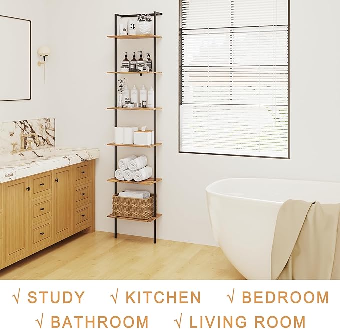 6-Tier Ladder Shelf, 77 Inches Wall Mounted Ladder Bookshelf with Metal Frame, Wood Tall Open Storage Rack and Display Shelves for Home Office Bedroom Living Room, Rustic Brown