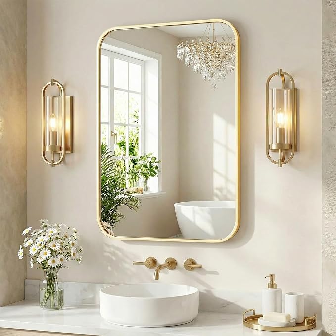 Sweetcrispy Bathroom Mirror for Over Sink, 20x28 Inch Wall Mount Mirror with a Rounded Rectangle and Matte Metal Frame, Modern Wall Vanity Mirrors for Home Decor, Living Room, Bedroom, Gold