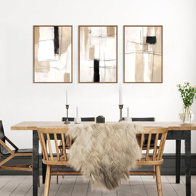 FWIEXA Modern Abstract Canvas Wall Art Set of 3, Framed Neutral Wall Decor, Large Black White Wall Painting, Beige Cream 16x24 Inch Prints Artworks for Living Room, Bedroom, Dining Room, Office