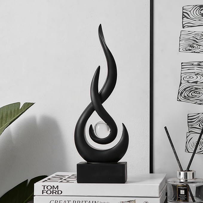 Octdays Black Abstract Statue Sculpture Decorations, Modern Sculptures Home Décor Accents, Resin Art Flame Figurines for Living Room Table Centerpiece Office Desk TV Stand Decor