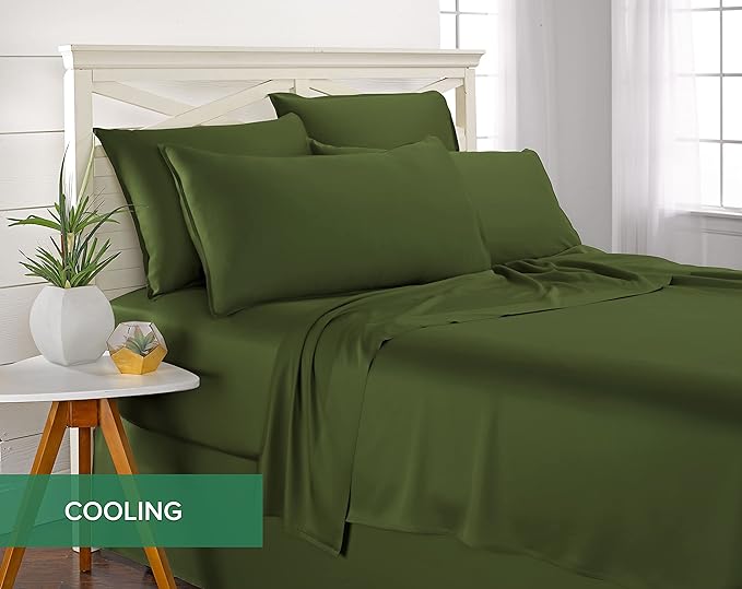 Pure Bamboo Split King Sheets, Genuine 100% Organic Viscose Derived from Bamboo Bed Sheet Set, Soft & Cooling, Double Stitching, 2 Fitted Sheets (Split King, Pesto)