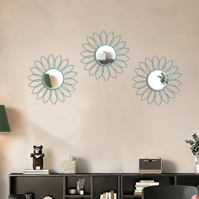 3 Pack Metal Mirrors for Wall Sunburst Wall Mirrors Home Décor Decorative Hanging Wall Art for Living Room Bedroom Entryway (Blue, Flowers)