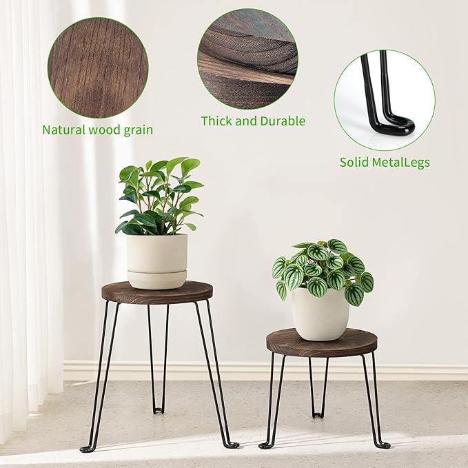 Yangbaga Wooden Plant Stands Indoor: 2Pack 11.81IN Round Plant Stands with Metal Legs,Mid Century Plant Holder for Home Decor,Multi-purpose Plant Table for Living Room/Patio/Garden/Balcony/Office