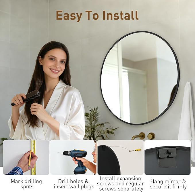 NEWBULIG Wall Mirror, Bathroom Mirror for Over Sink, Matte Metal Framed Vanity Mirror, Wall Decor for Bedroom, Tempered Glass