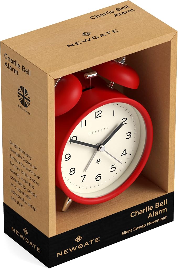 NEWGATE® Charlie Bell Echo Alarm Clock | Modern take on Classic Twin Bell Clock | Red | Easy to Read Numbers | Ideal for Bedside, Desk or Shelf | Modern Retro Bedroom & Office Accessory