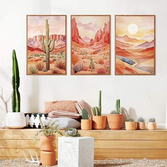 HLNIUC Boho Desert Plant Framed Canvas Wall Art Set,Southwestern Sun Mountain Wall Decor,Cactus Sunset Landscape Wall Painting,Watercolor Abstract Desert Art Prints for Living Room,Office - 24”x36”x3