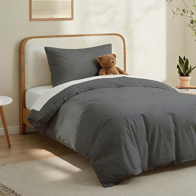 LOVQUE 100% Washed Cotton Duvet Cover Twin Size, Grey Fade-Resistant Natural Bedding Set (No Comforter), 68x90 Inches