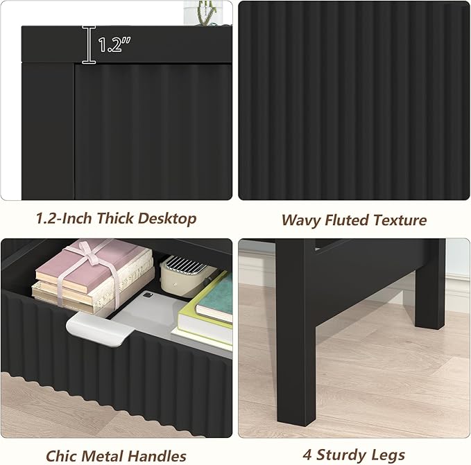 YOMILUVE Fluted Computer Desk with 2 Drawers, 39 Inch Small Computer Desk with Storage, Compact Writing Study Desk for Small Spaces, Black