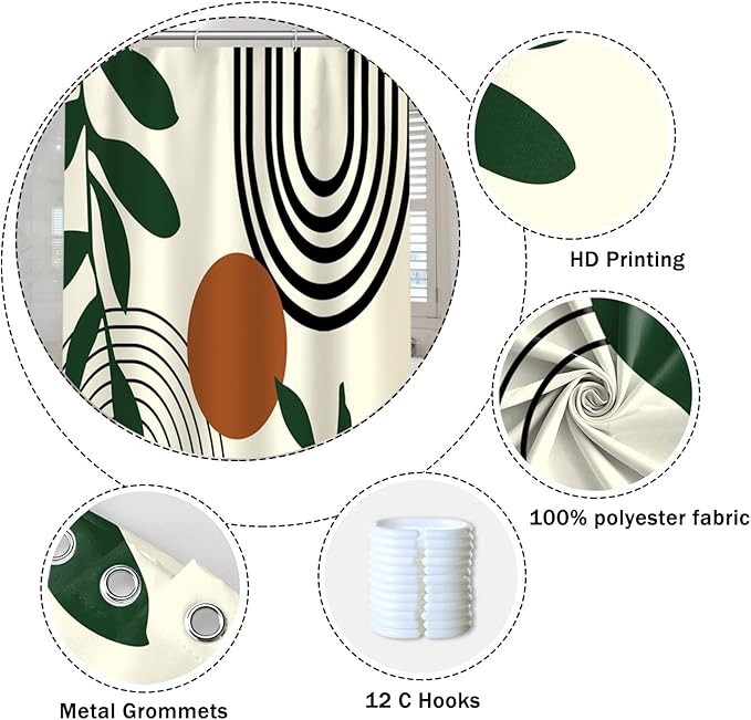 Abstract Mid Century Bohemian Bathroom Shower Curtain Orange Sun Green Eucalyptus Leaves Arch Shower Curtain with Hooks Waterproof Fabric Polyester Shower Curtain Home Decor, 36x72 Inch