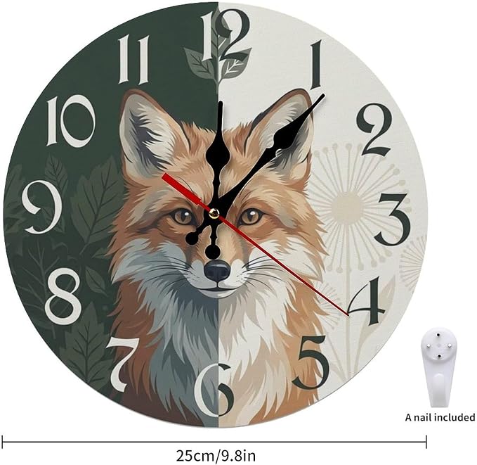 Woodland Fox Art Wooden Wall Clock Silent Non Ticking, Battery Operated Frameless Home Decor for Living Room Bedroom Kitchen Office, Cute Animal Gift 10 12 inch