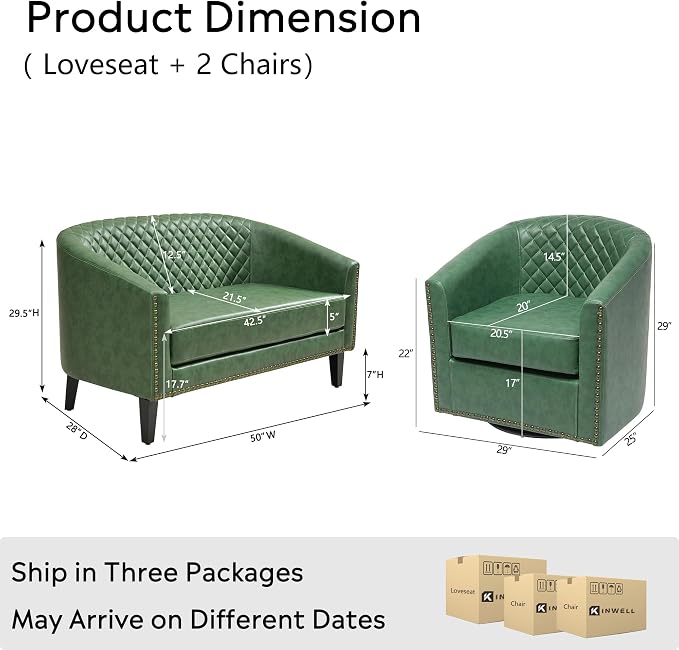 KINWELL 50" Faux Leather Upholstered Loveseat Sofa with 2 Swivel Barrel Accent Chairs, Minimalist Comfy 2-Seater Couch and Armchair for Small Spaces Apartment, Green