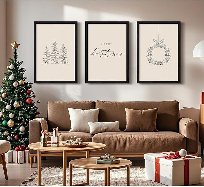 Christmas Wall Art Winter Xmas Canvas Decor Christmas Tree Picture Merry Christmas Wall Art Minimalist Vintage Painting Beige Farmhouse Prints Holiday Poster for Bathroom 12x16x3 Inch Framed
