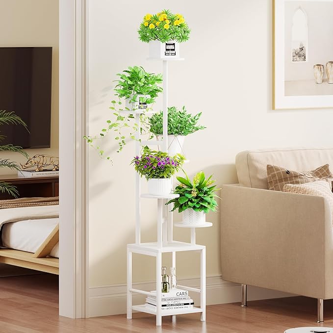 Homsorout Plant Stand Indoor with Grow Light, 6-Tiered Tall Plant Stand Indoor, Metal Plant Shelf with Hanging Basket Hook and Adjustable Light, Ideal for Living Room, Garden, Round Patio white