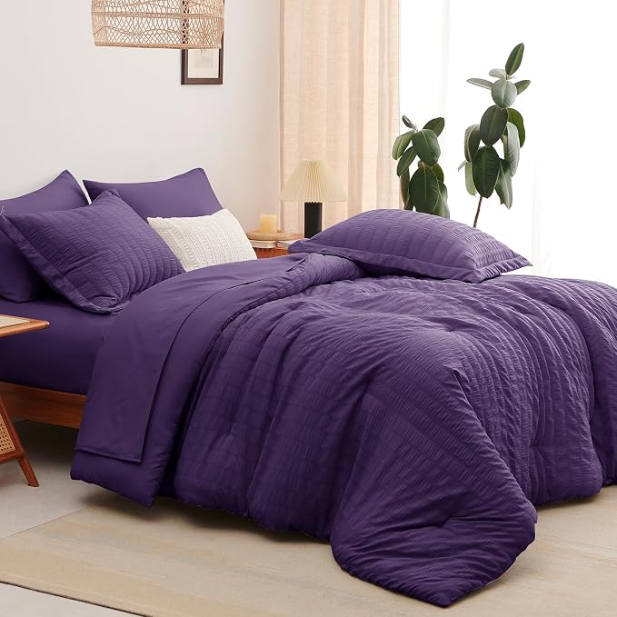 CozyLux King Size Comforter Set Purple, 7 Pieces Seersucker Textured Luxury Bed in a Bag, All Seasons Soft Bedding Sets with Down Alternative Comforter, Sheets, Pillowcases & Shams, Home Gift