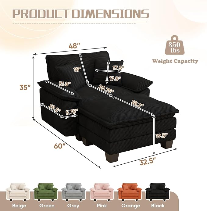 Chaise Lounge Chair Indoor, Oversized Accent Chairs with Ottoman, Luxury Corduroy Upholstered Deep Seat Sleeper Sofa Reading Chairs and A Half with Pillows for Living Room, Bedroom, Apartment, Black